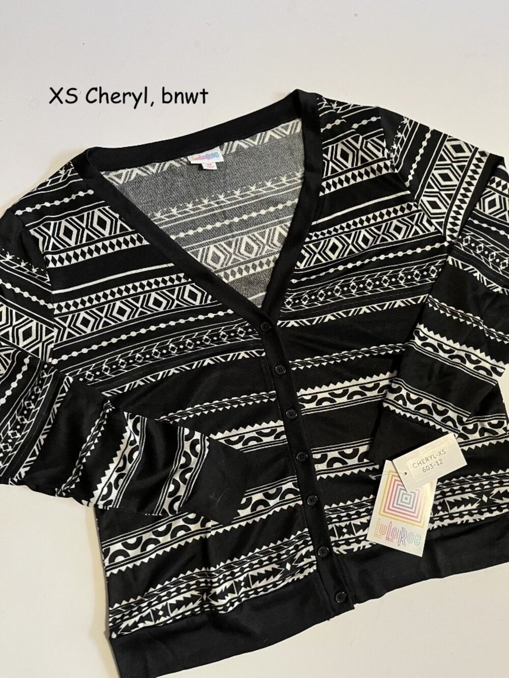 XS Lularoe Cheryl lightweight cartigan, black and white tribal stripes